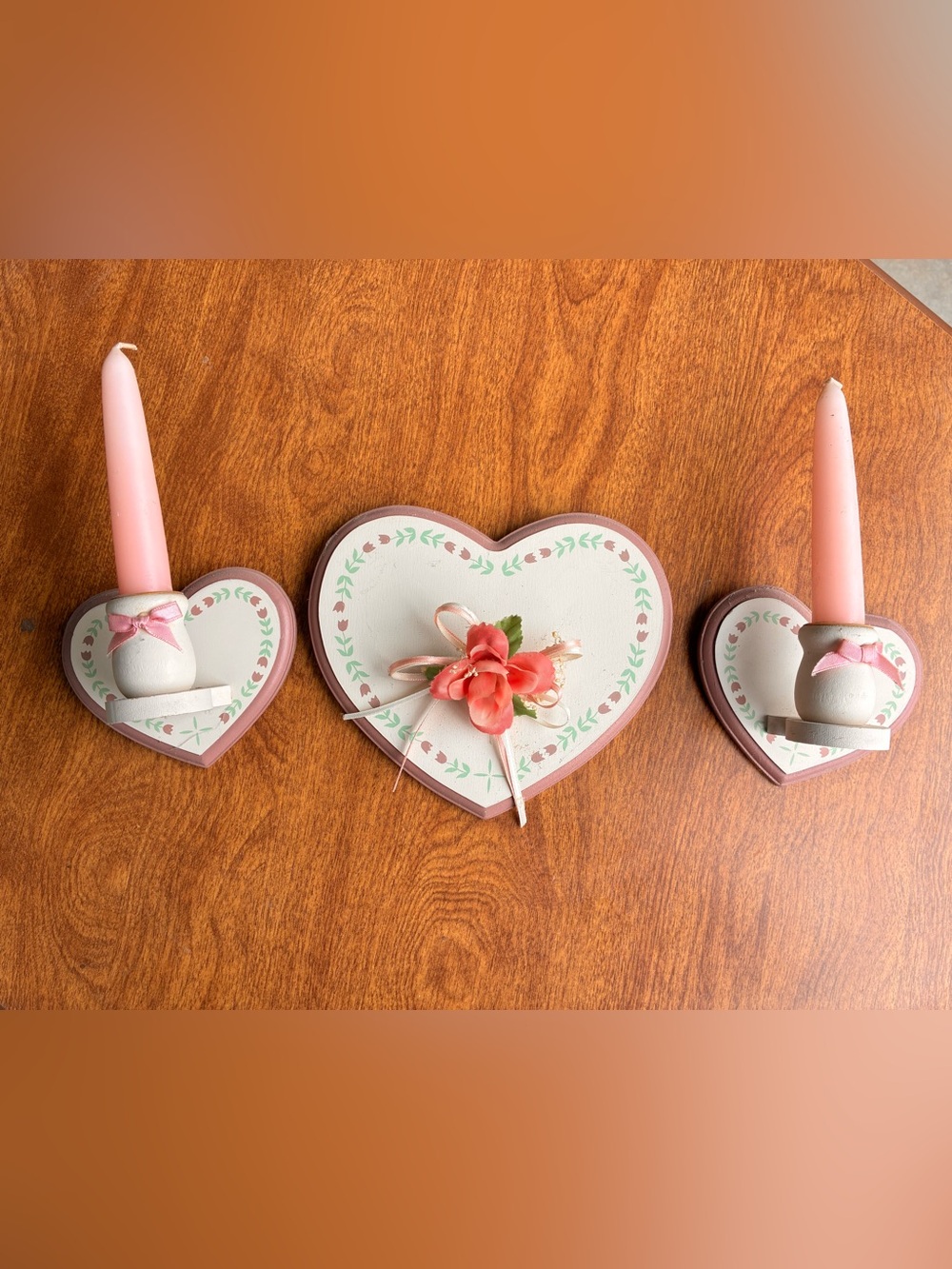 Vintage Heart Candle Holder Set – Pink Floral Cottagecore Décor